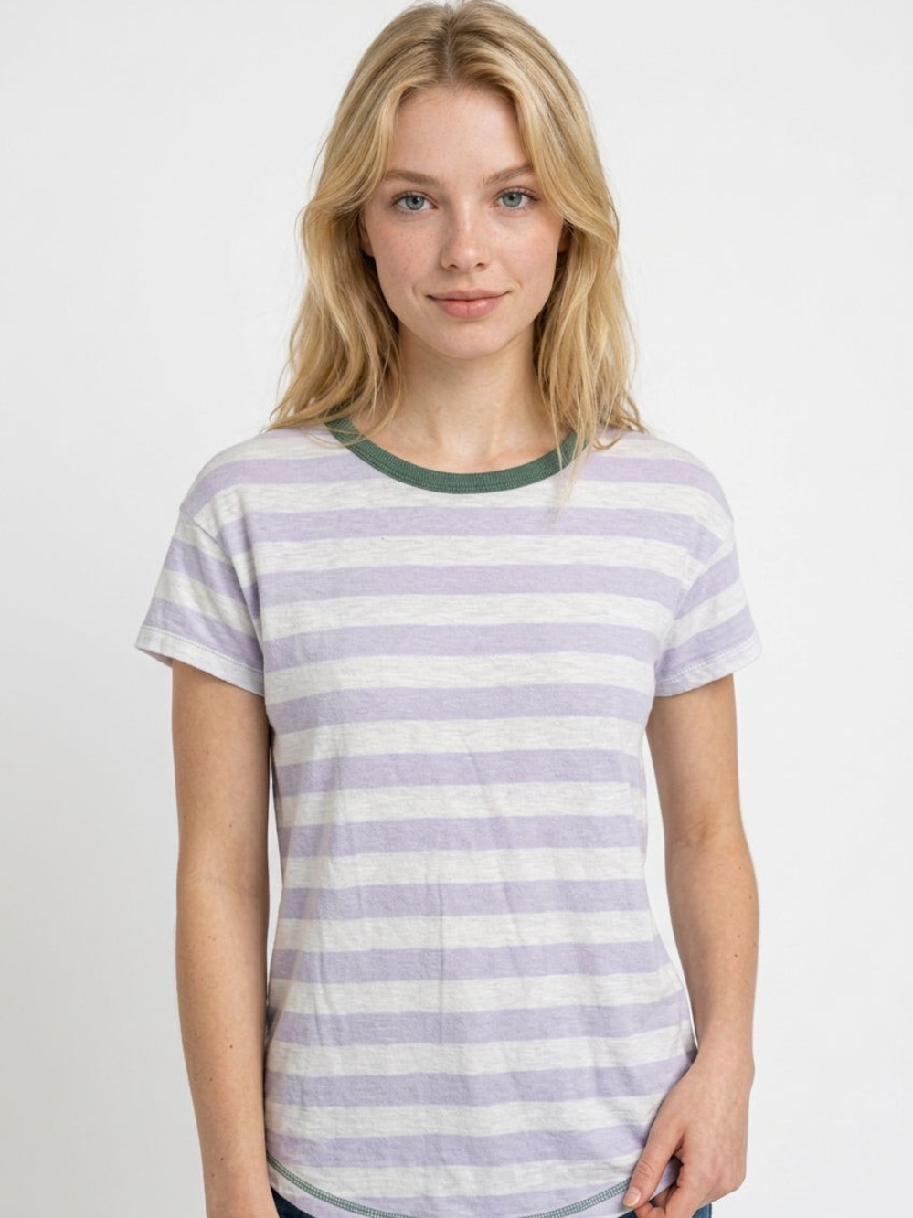 MADEWELL | Striped Lilac/White Short Sleeve Tee with Green Trim Women’s Size XS
